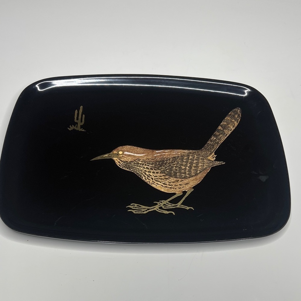 Couroc of Monterey 12.5” x 9.5” Black Laquer Resin Serving Tray Bird Design